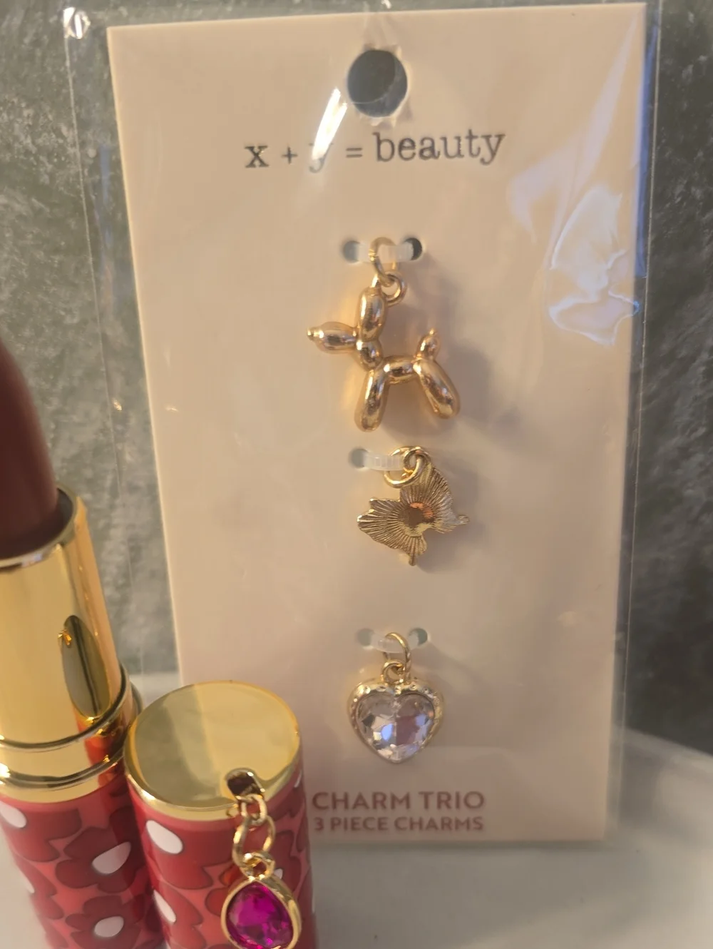 Gold Charm Trio & Blush Bloom Lipstick Charm New
